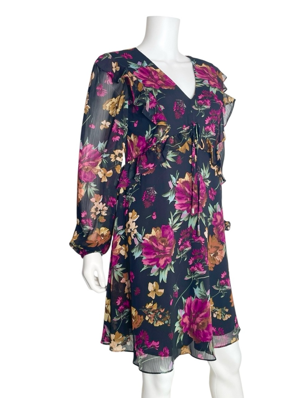 NWT Kensie Floral Chiffon Dress Size 6 Navy Pink Long Sleeve Lined Boho Romantic - Picture 4 of 7